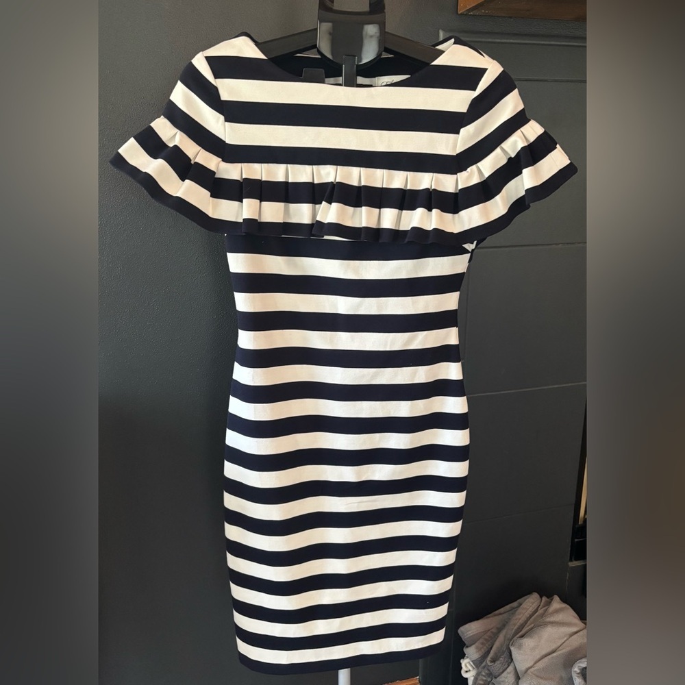 Eliza J Navy and White Striped Sheath Dress with Ruffle